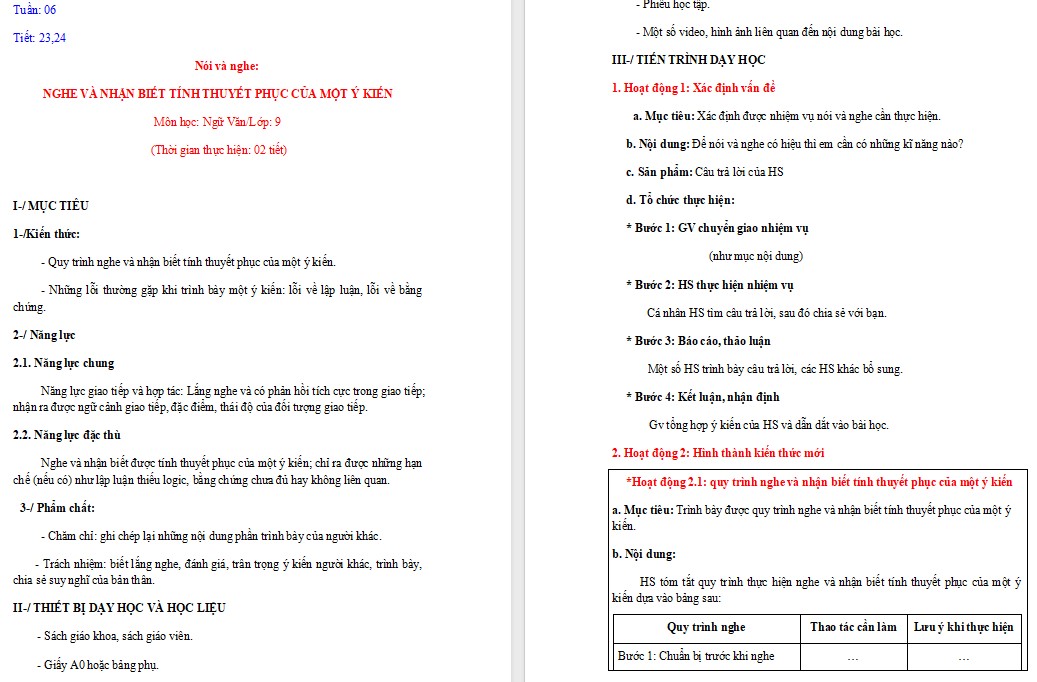 Giáo án Nghe và nhận biết tính thuyết phục của một ý kiến Ngữ văn 9 CTST