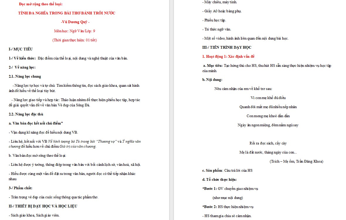 Giáo án Tính đa nghĩa trong bài thơ Bánh trôi nước Ngữ văn 9 CTST