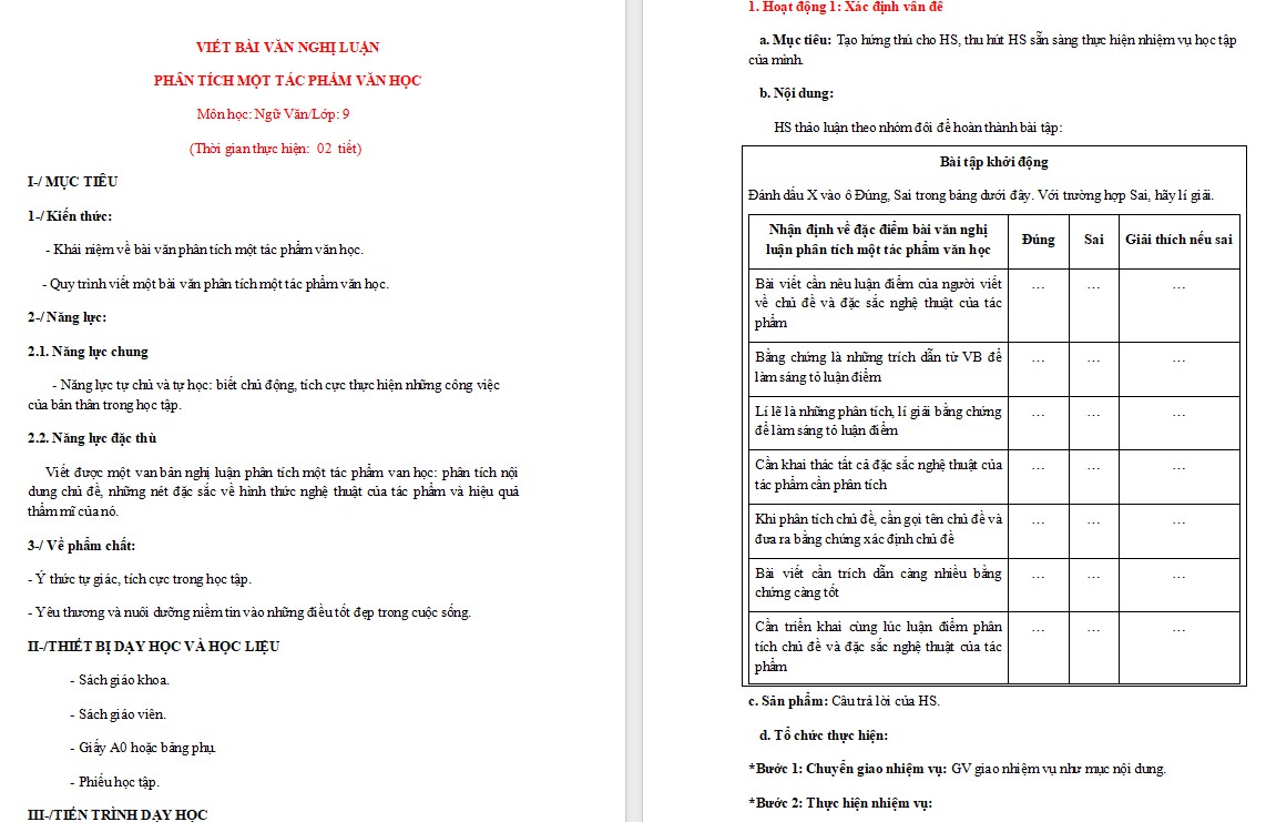 Giáo án Viết bài văn nghị luận phân tích một tác phẩm văn học Ngữ văn 9 CTST