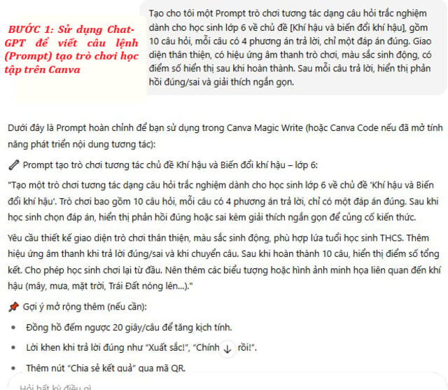 Câu lệnh Canva Code tạo trò chơi tương tác cấp Trung học cơ sở