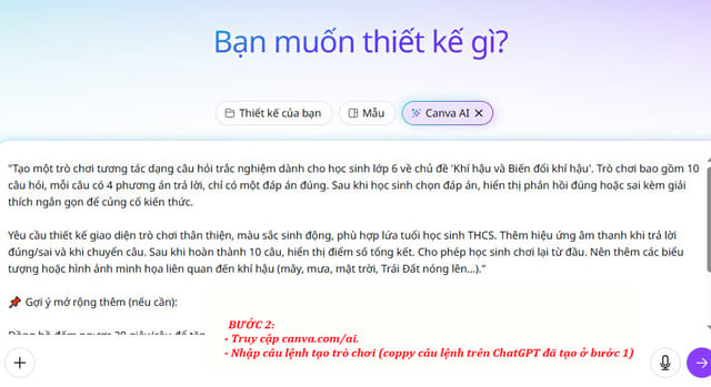 Câu lệnh Canva Code tạo trò chơi tương tác cấp Trung học cơ sở