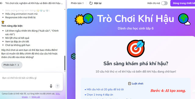 Câu lệnh Canva Code tạo trò chơi tương tác cấp Trung học cơ sở