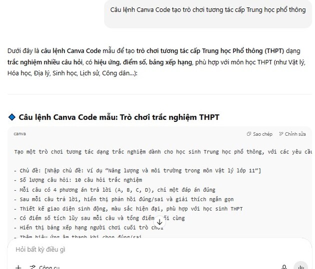 Câu lệnh Canva Code tạo trò chơi học tập cấp Trung học phổ thông