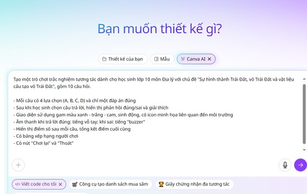 Câu lệnh Canva Code tạo trò chơi học tập cấp Trung học phổ thông