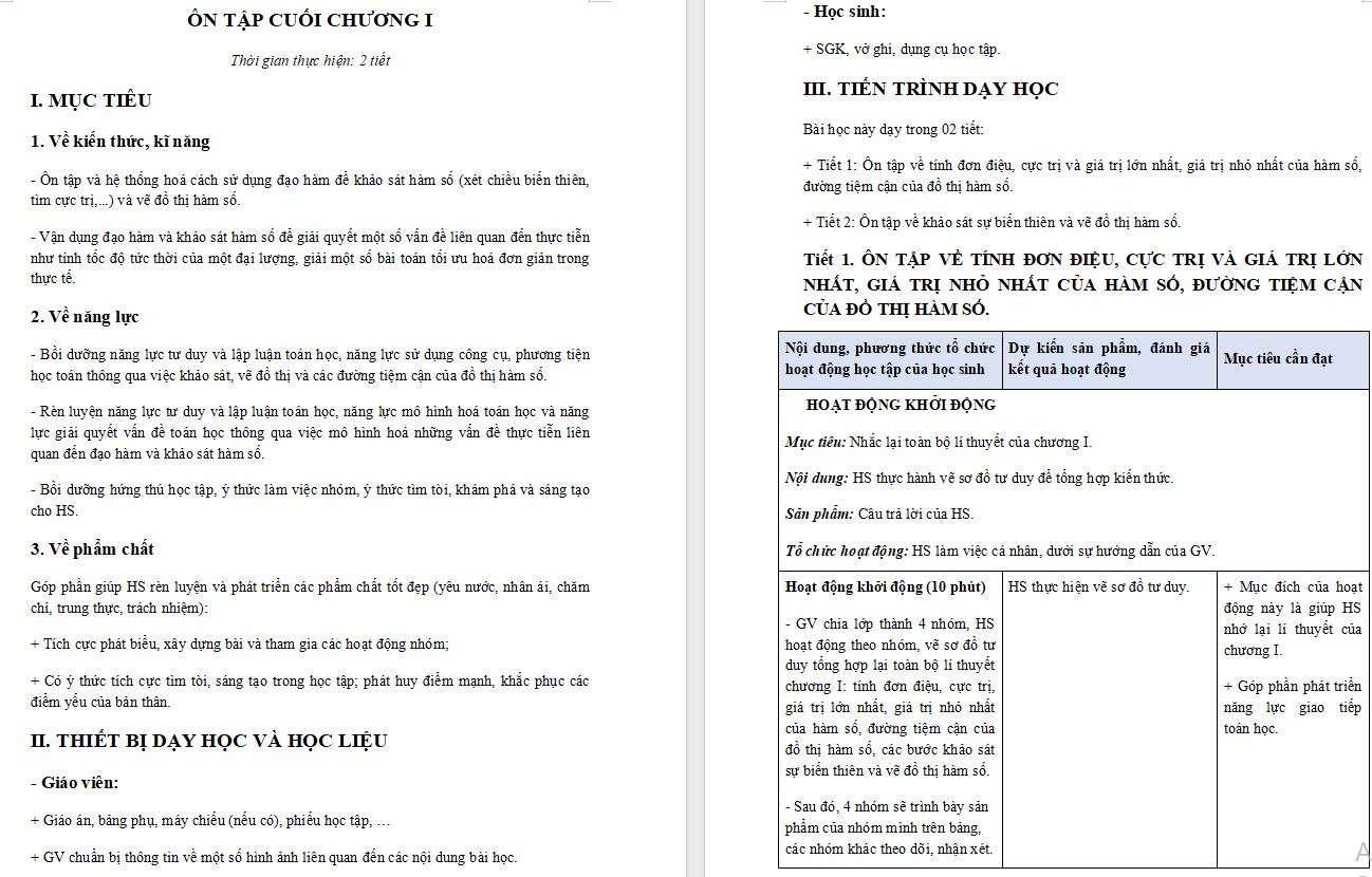 Kế hoạch bài dạy Toán 12 KNTT Bài tập cuối chương I