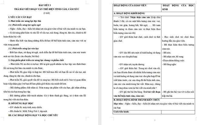 Giáo án Tiếng Việt 5 Trả bài viết đoạn văn thể hiện tình cảm, cảm xúc