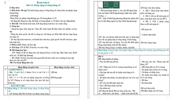 Giáo án Toán 2 Phép cộng có tổng bằng 10