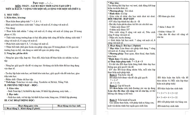 Giáo án Toán 2 7 cộng với một số, 6 cộng với một số