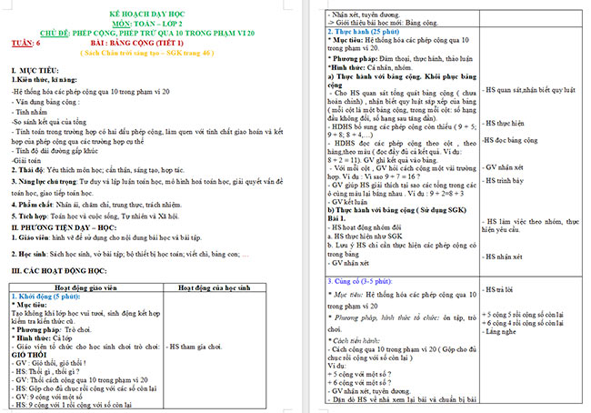 Giáo án Toán 2 Bảng cộng