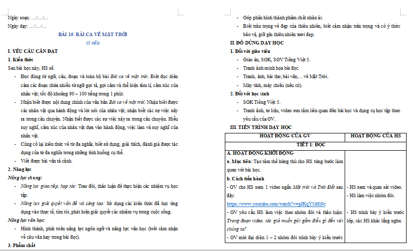 Giáo án Tiếng Việt lớp 5 Bài 15: Bài ca về mặt trời