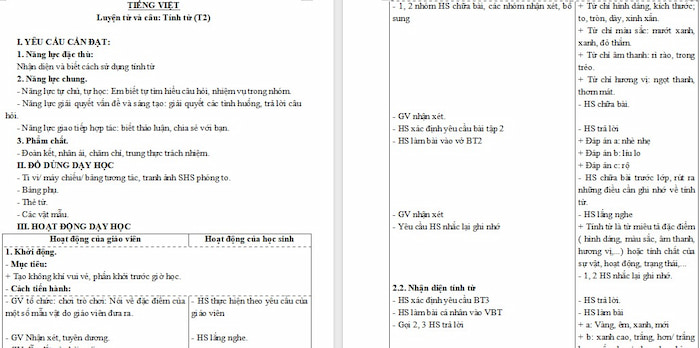 Giáo án Tiếng Việt 4: Tính từ