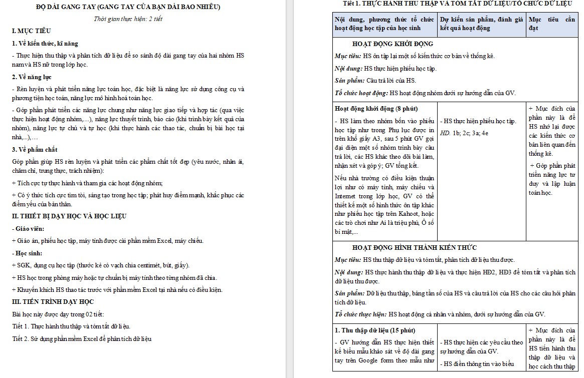 Kế hoạch bài dạy Toán 12 KNTT Bài Độ dài gang tay