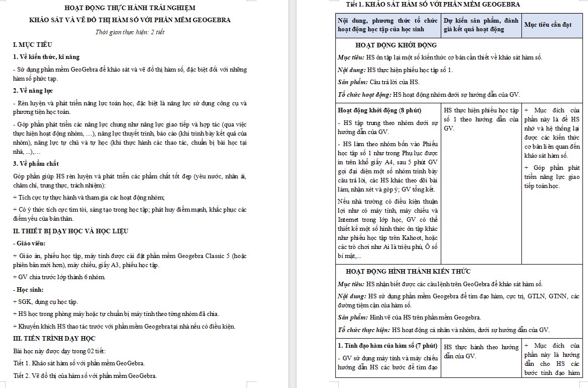 Kế hoạch bài dạy Toán 12 KNTT Bài Khảo sát và vẽ đồ thị hàm số với phần mềm GeoGebra