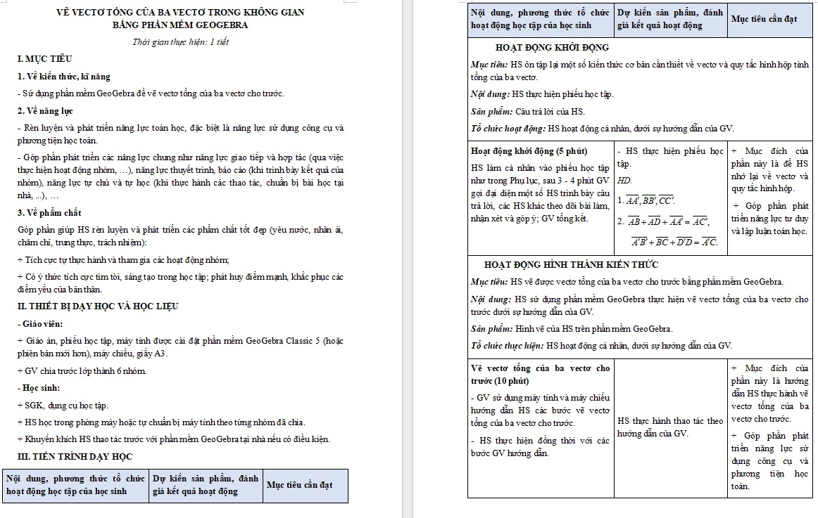 Kế hoạch bài dạy Toán 12 KNTT Bài Vẽ vectơ tổng của ba vectơ trong không gian bằng phần mềm GeoGebra