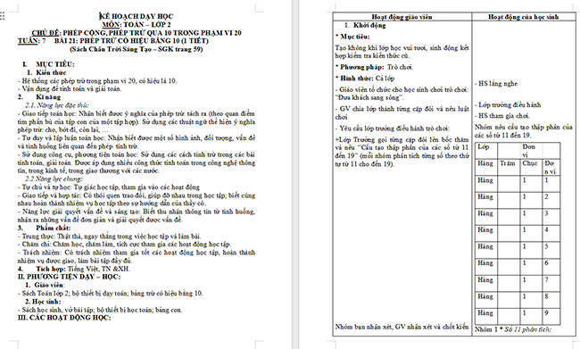 Giáo án Toán 2: Phép trừ có hiệu bằng 10
