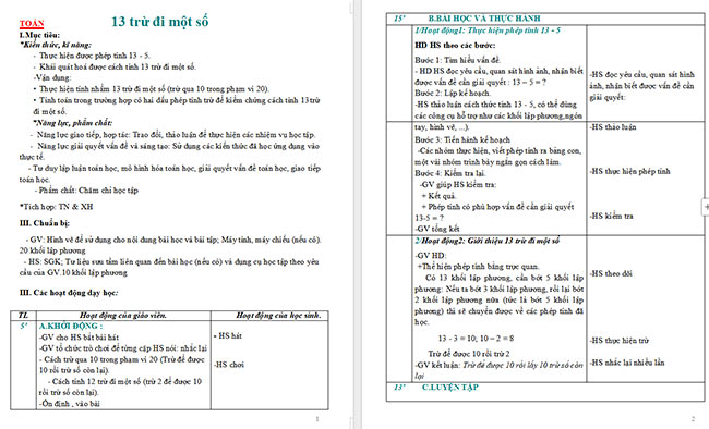 Giáo án Toán 2: 13 trừ đi một số