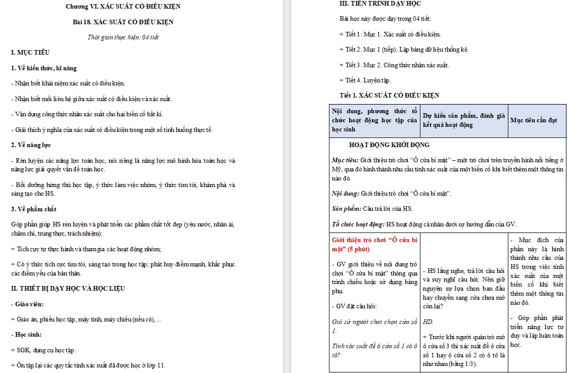 Kế hoạch bài dạy Toán 12 KNTT Bài 18