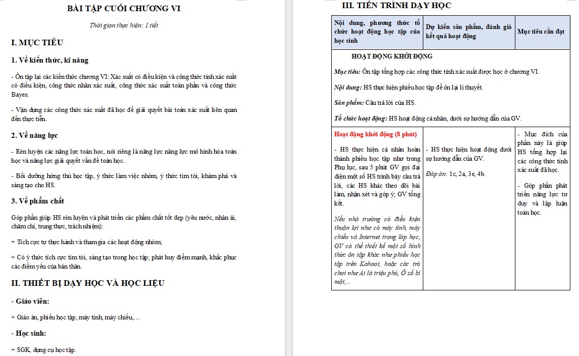 Kế hoạch bài dạy Toán 12 KNTT Bài tập cuối chương VI