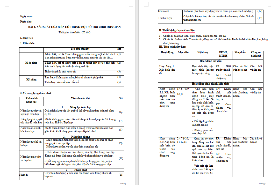 Xác suất của biến cố trong một số trò chơi đơn giản