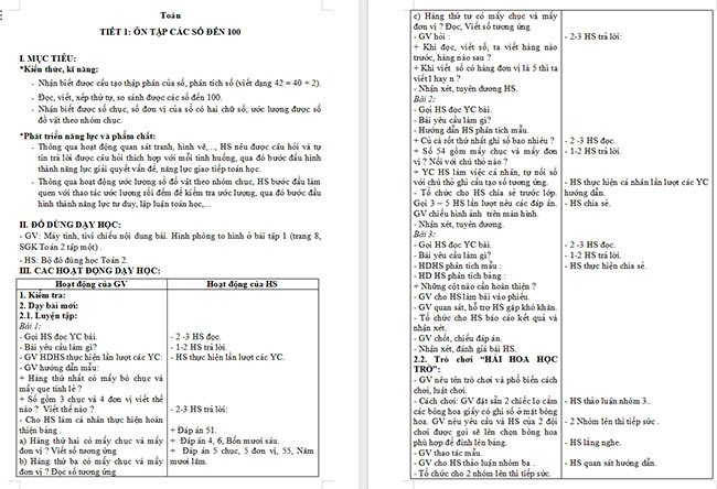 Giáo án Toán 2 Ôn tập các số đến 100