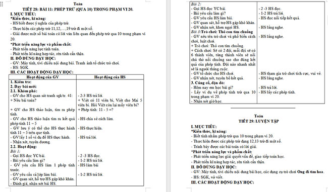 Giáo án Toán 2 Phép trừ (qua 10) trong phạm vi 20