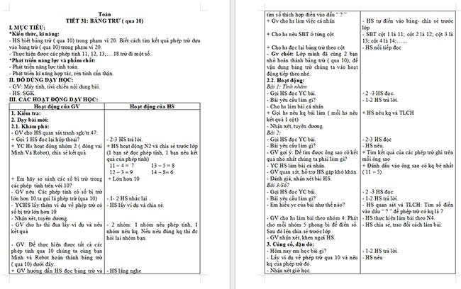 Giáo án Toán 2 Bảng trừ (qua 10)