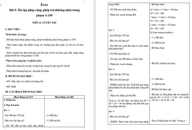 Giáo án Toán 2 Ôn tập phép cộng, phép trừ (không nhớ) trong phạm vi 100