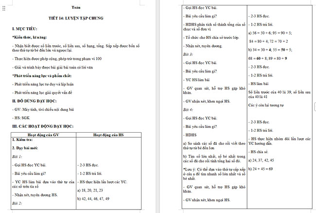 Giáo án Toán 2 Luyện tập chung