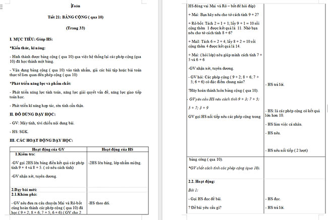 Giáo án Toán 2 Bảng cộng (qua 10)