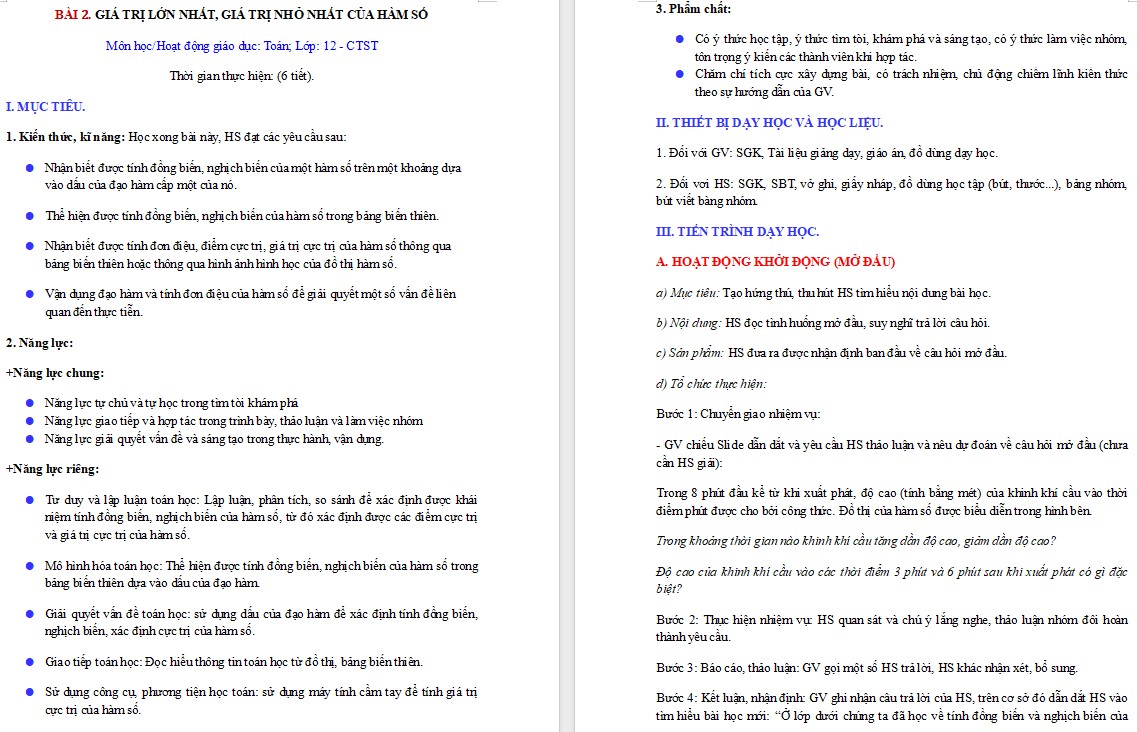 Kế hoạch bài dạy Toán 12 CTST Bài Giá trị lớn nhất, giá trị nhỏ nhất của hàm số