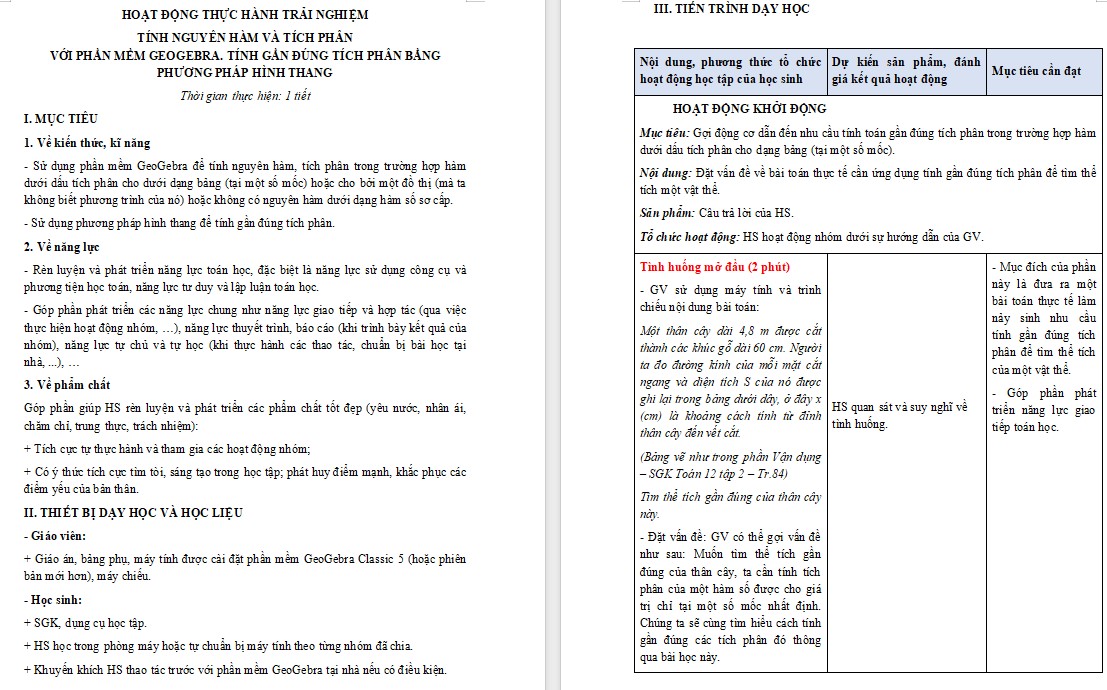 Kế hoạch bài dạy Toán 12 KNTT Bài Tính nguyên hàm và tích phân với phần mềm GeoGebra