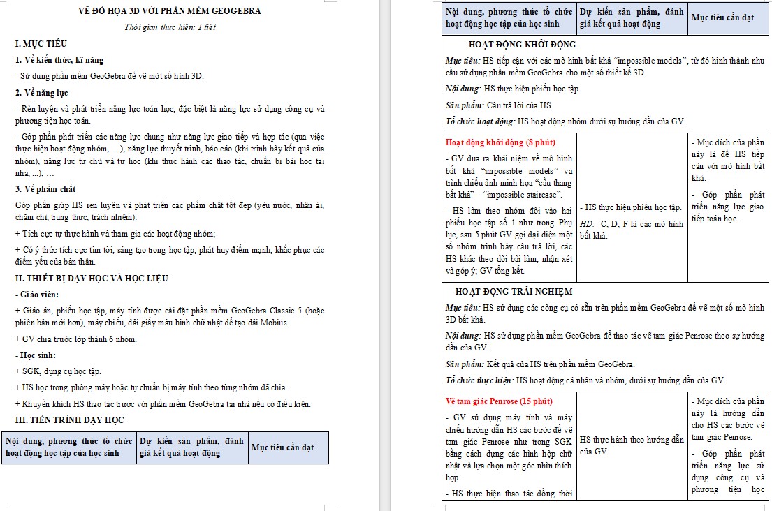 Kế hoạch bài dạy Toán 12 KNTT Bài Vẽ đồ hoạ 3D với phần mềm GeoGebra