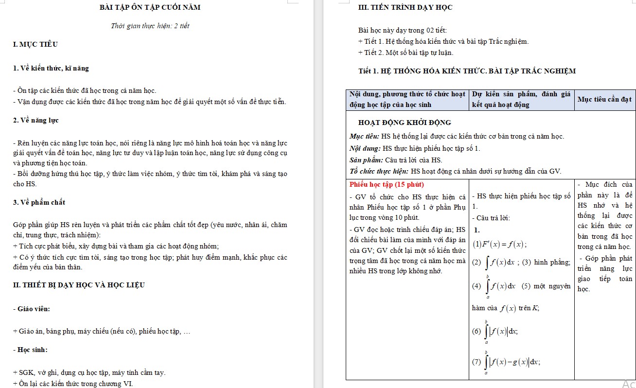 Kế hoạch bài dạy Toán 12 KNTT Bài tập ôn tập cuối năm