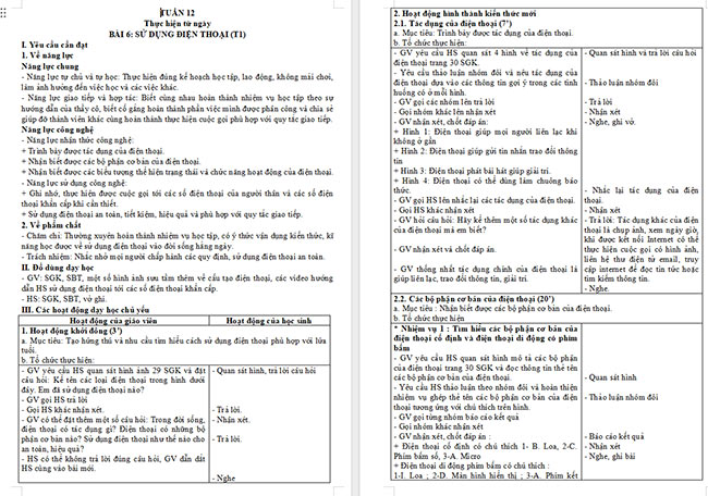 Giáo án Công nghệ 5 Sử dụng điện thoại