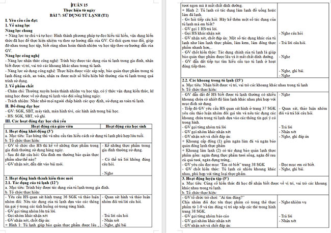 Giáo án Công nghệ 5 Sử dụng tủ lạnh