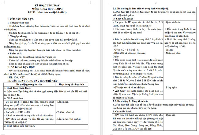 Giáo án Khoa học 4 Nhiệt độ và nhiệt kế