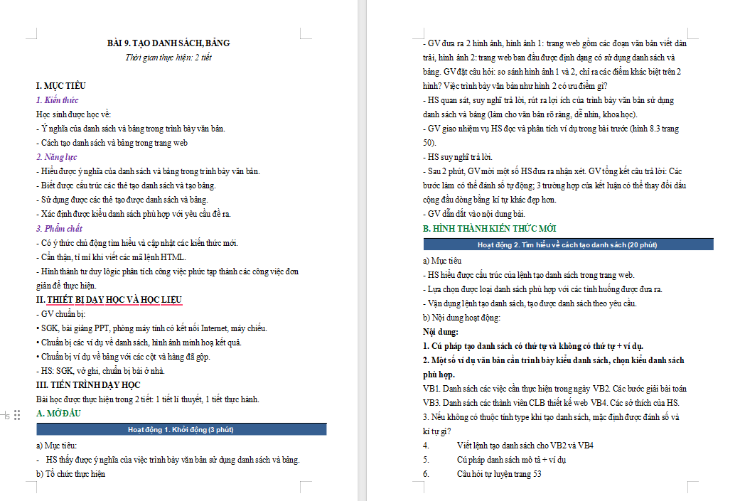 Tạo danh sách bảng