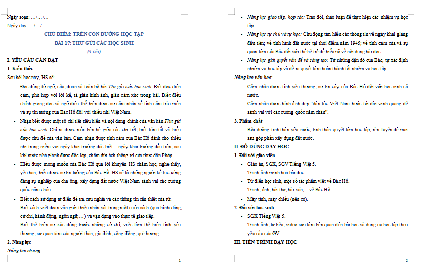 Giáo án Tiếng Việt 5 Bài 17: Thư gửi các học sinh