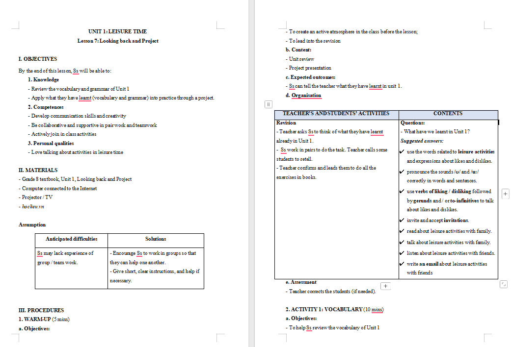  Tiếng Anh 8 Unit 1: Looking Back