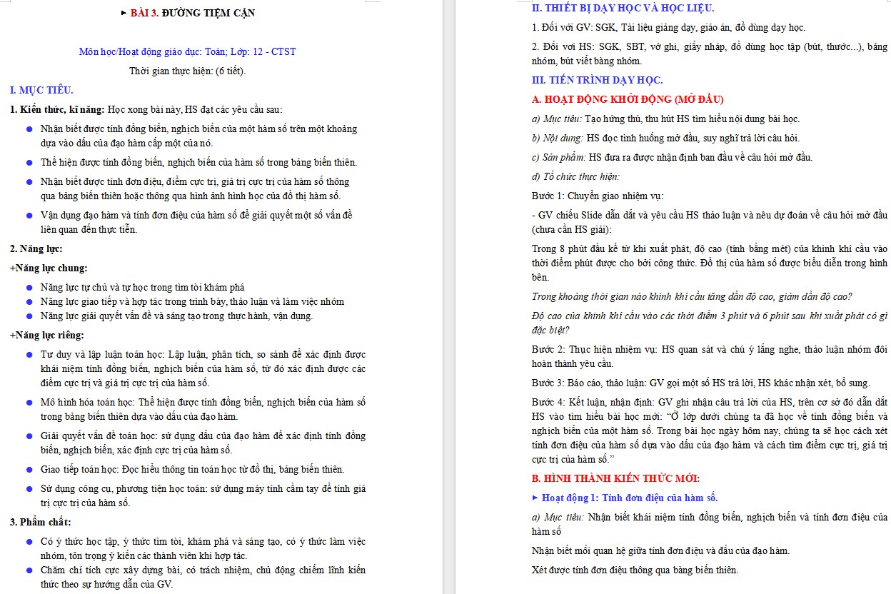 Kế hoạch bài dạy Toán 12 CTST Bài Đường tiệm cận của đồ thị hàm số