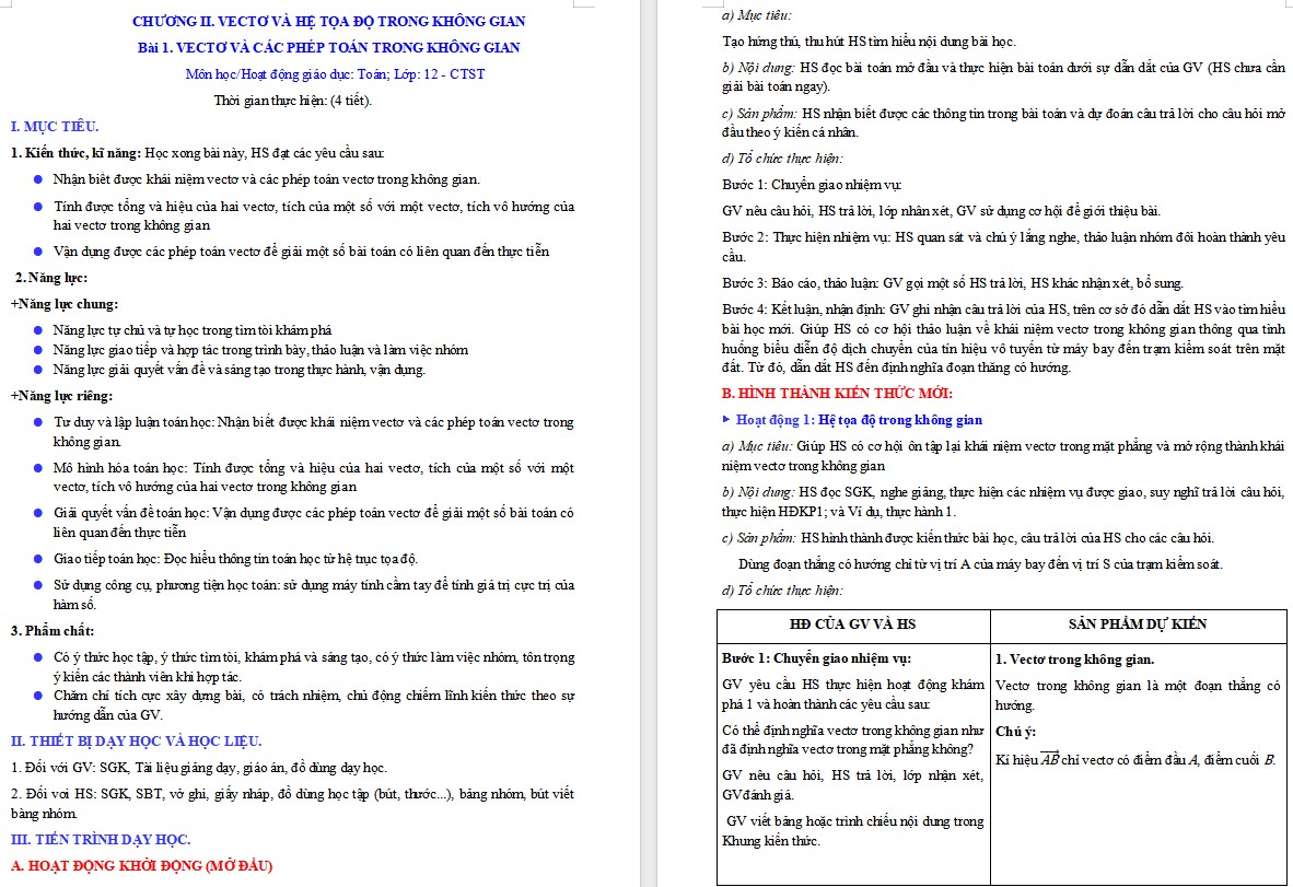 Kế hoạch bài dạy Toán 12 CTST Bài Vectơ và các phép toán trong không gian