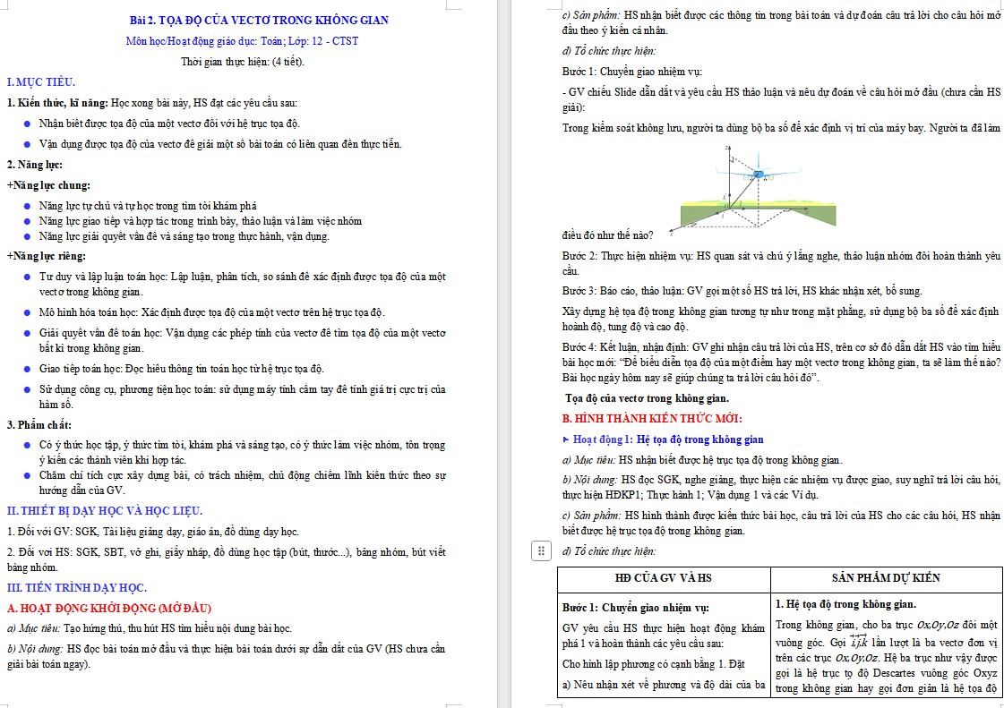 Kế hoạch bài dạy Toán 12 CTST Bài Toạ độ của vectơ trong không gian