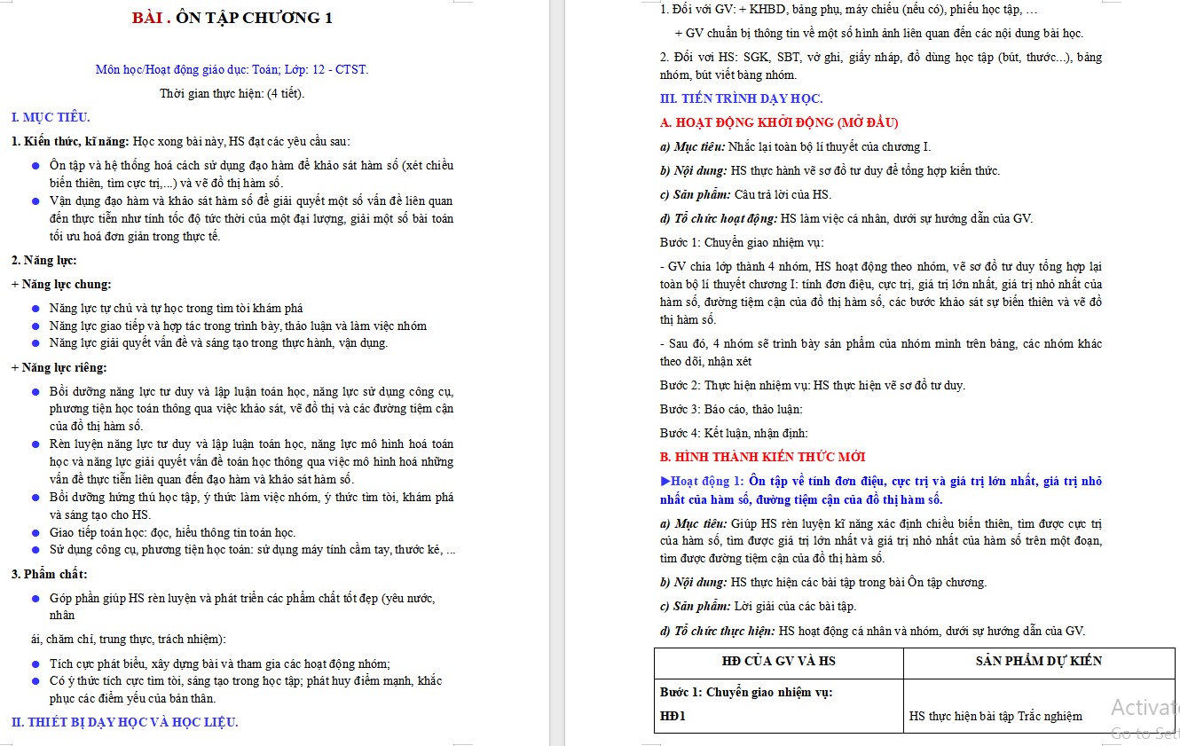 Kế hoạch bài dạy Toán 12 CTST Bài tập cuối chương I