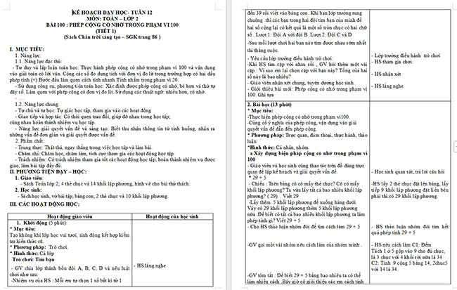 Giáo án Toán 2: Phép cộng có nhớ trong phạm vi 100