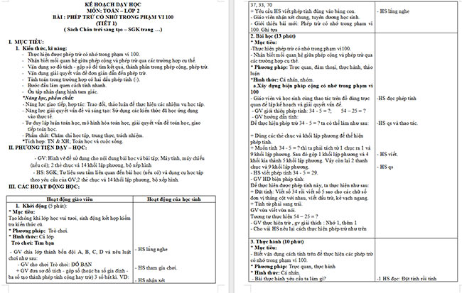 Giáo án Toán 2: Phép trừ có nhớ trong phạm vi 100