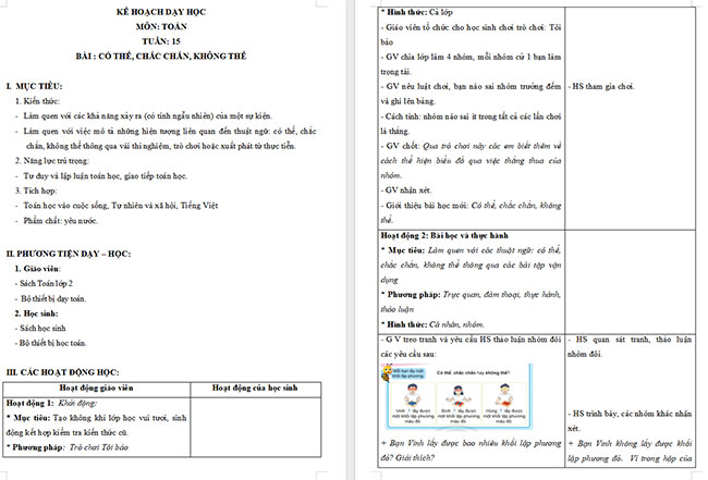 Giáo án Toán 2: Có thể, chắc chắn, không thể