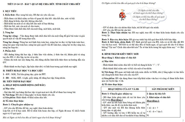 Giáo án Toán 6 Bài 7: Quan hệ chia hết. Tính chất chia hết