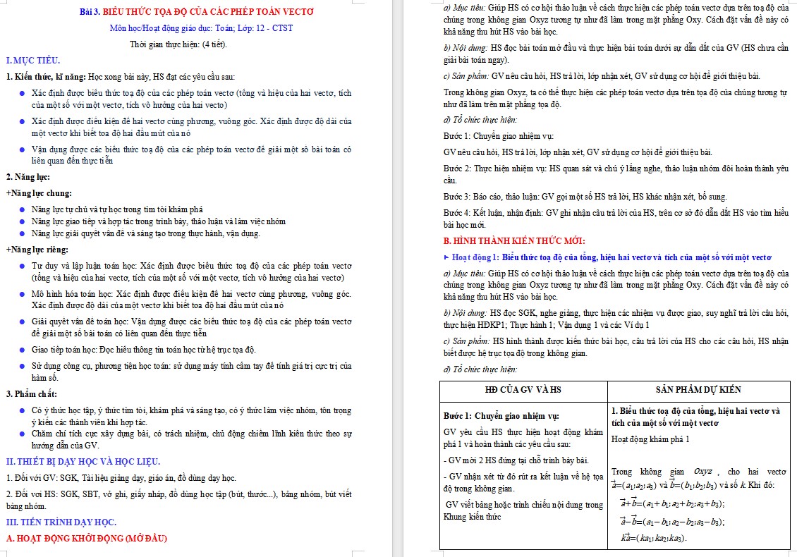 Kế hoạch bài dạy Toán 12 CTST Bài Biểu thức toạ độ của các phép toán vectơ