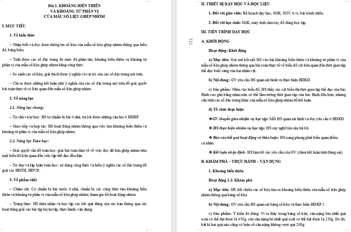 Kế hoạch bài dạy Toán 12 CTST Bài Khoảng biến thiên và khoảng tứ phân vị của mẫu số liệu ghép nhóm