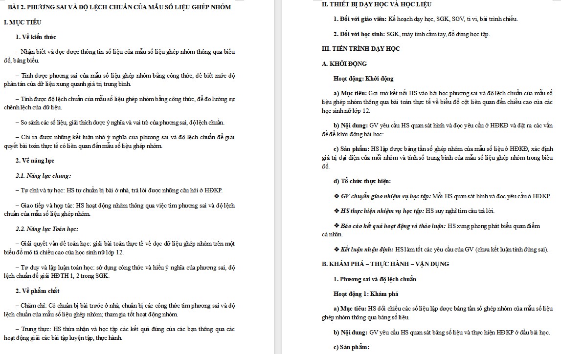 Kế hoạch bài dạy Toán 12 CTST Bài Phương sai và độ lệch chuẩn của mẫu số liệu ghép nhóm